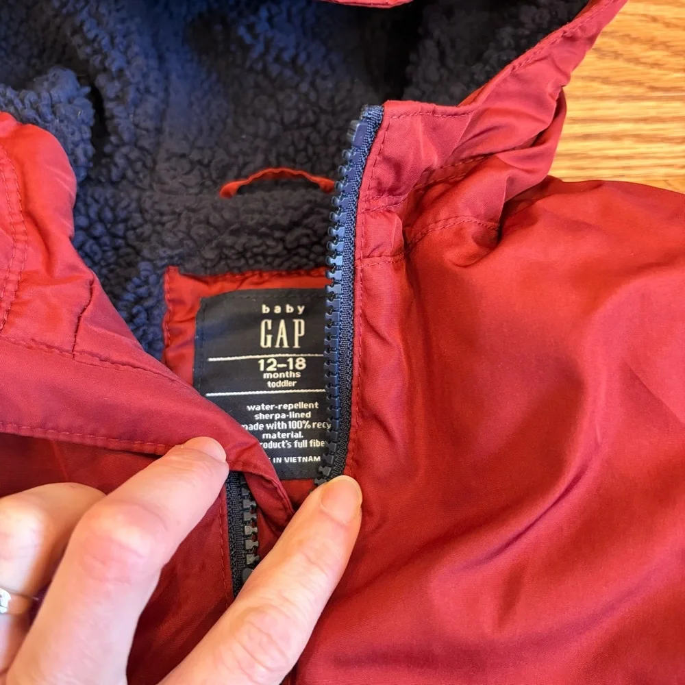 Baby Gap Deep Red Boy‎ Fleece Lined Jacket Dinosaur Spike 12-18 size